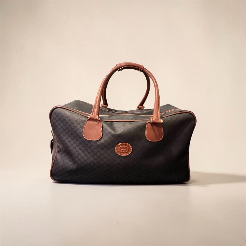Vintage Gucci Boston Bag With Black GG Monogram And Brown Leather Trim